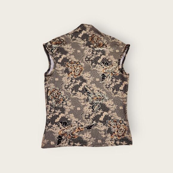 Vintage Y2k XOXO black floral print v-neck cap sleeve slightly croppws baby tee - Picture 2 of 4